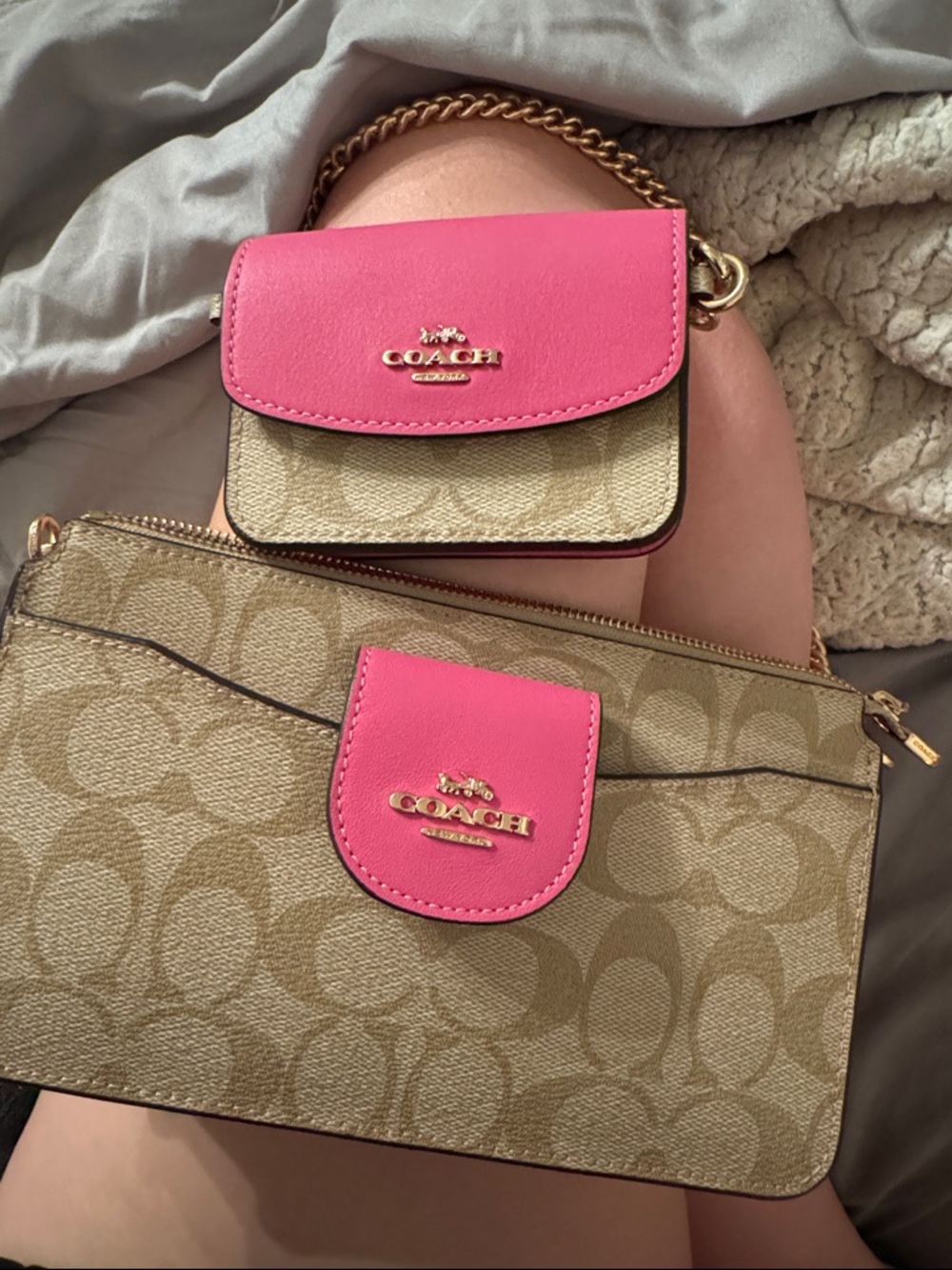Coach Tan Signature Canvas Crossbody and Wristlet with Pink Accents